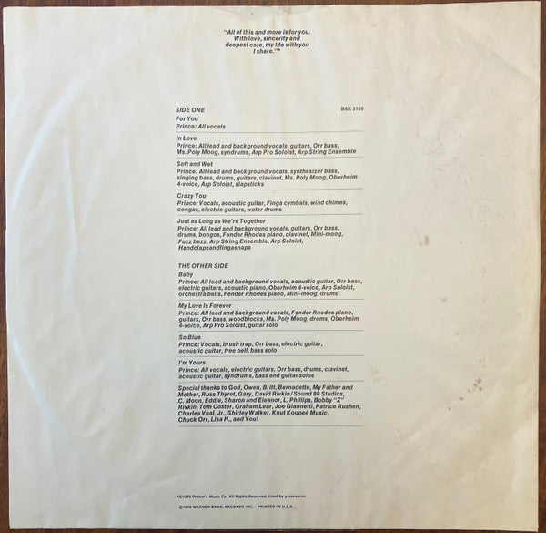 Prince : For You (LP, Album, Jac)